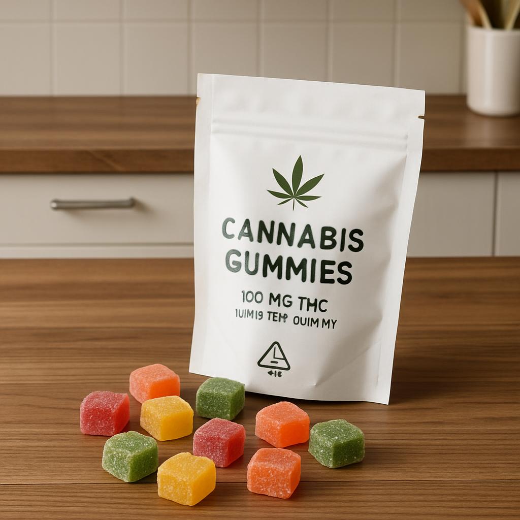 Figure: A packet of cannabis gummies on a kitchen counter, with the white packaging featuring a green cannabis leaf and th...