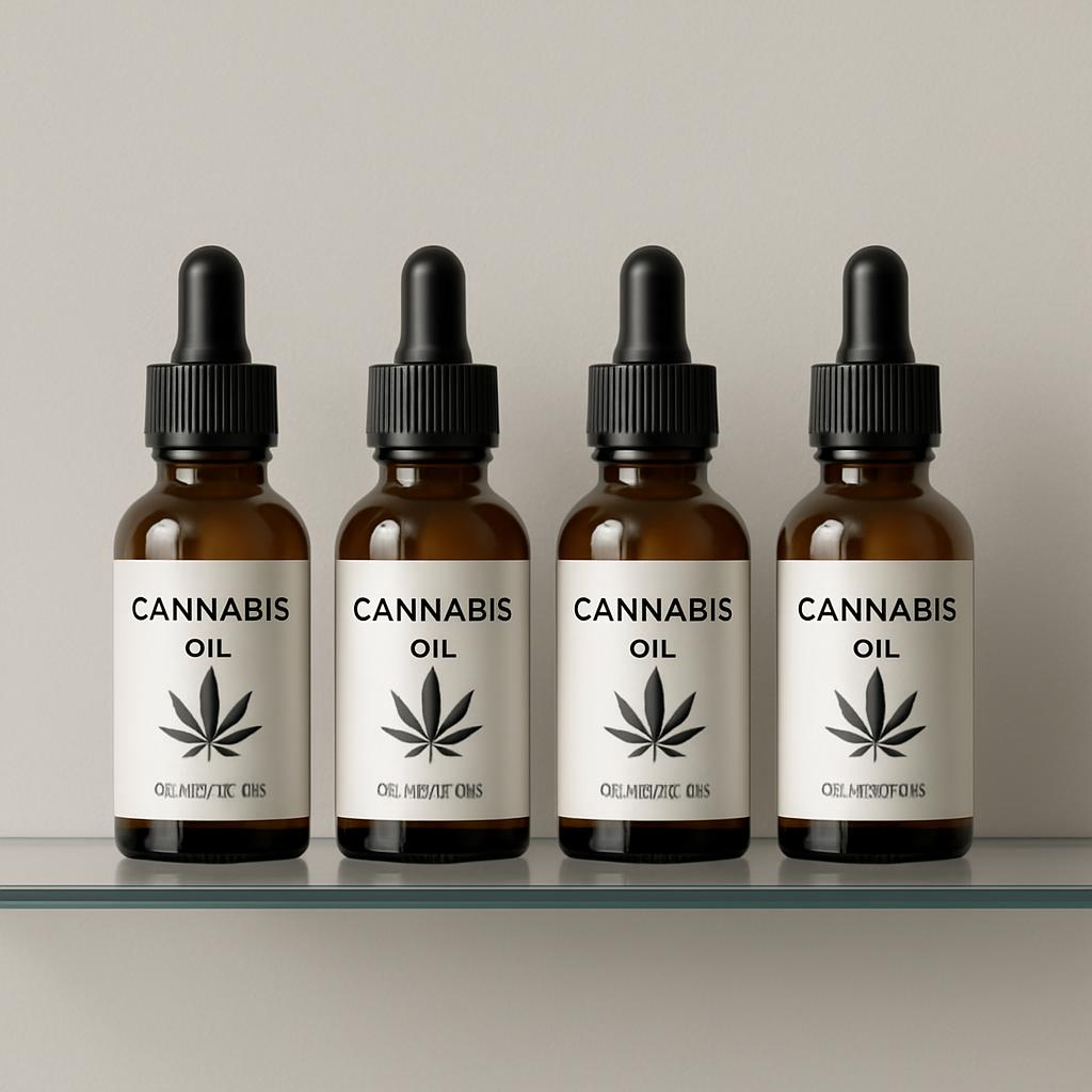 Cannabis oil on bottles lined up, white labels, amber bottles.