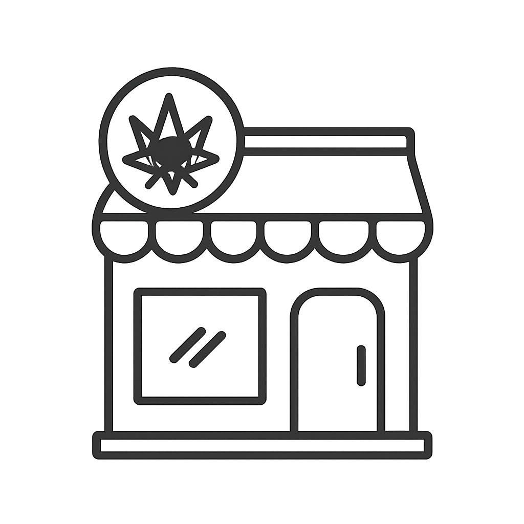 An illustrated storefront with a star atop the roof awning.